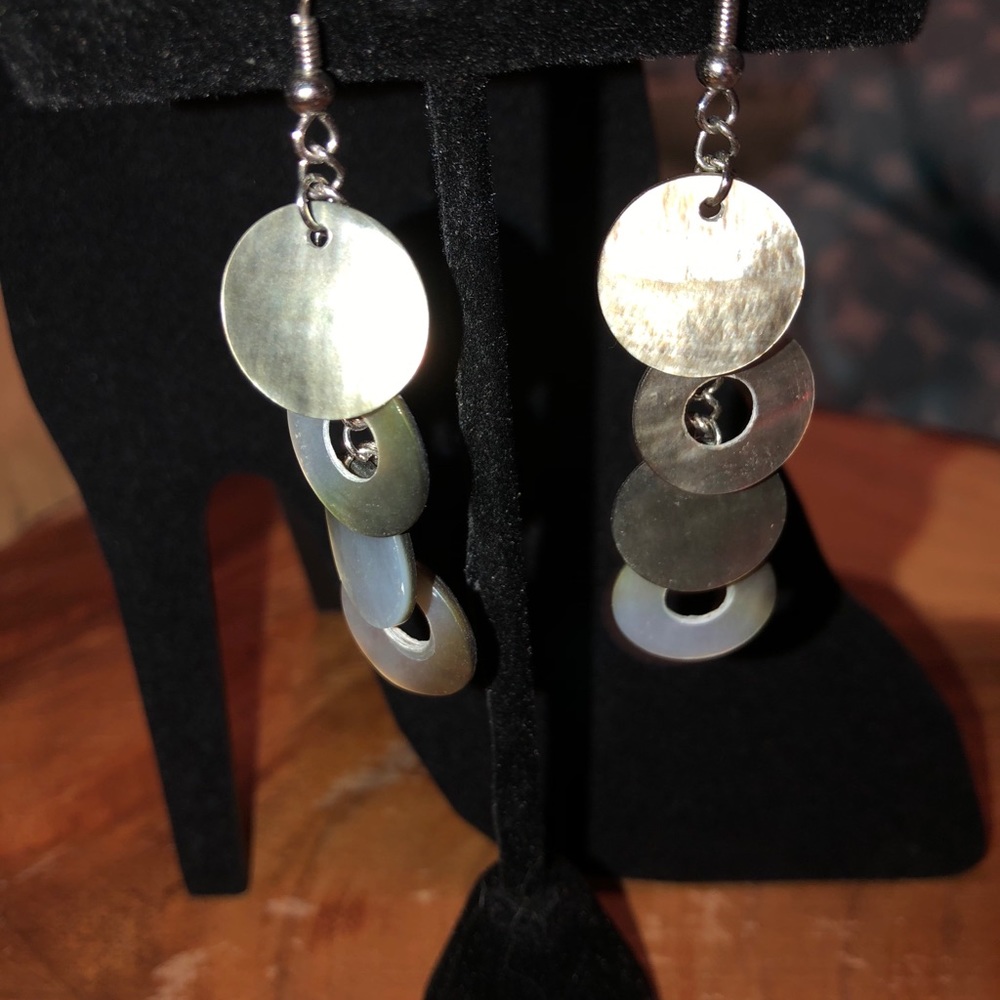Iridescent Silver Discs on chain Pierced Earrings